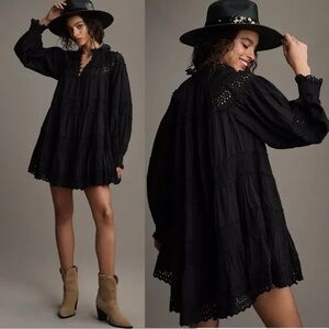 Anthropologie Black Boho Lace Eyelet Mini Dress